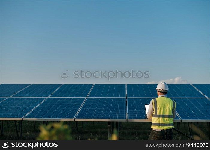 Rear view, back of young Asian technician man checking operation photovoltaic solar panel, copy space