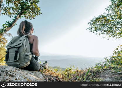 Rear view, back of young tourist female with backpack sitting on the rocks mountain in forest and looking out to beautiful view on view point, copy space