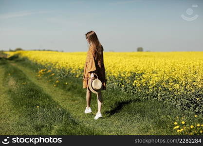 Rear view. beautiful young woman in a dress holding a hat and walking in a rapeseed field for summer, view from the back. copy space. summer holiday concept.. Rear view. beautiful young woman in a dress holding a hat and walking in a rapeseed field for summer, view from the back. copy space. summer holiday concept