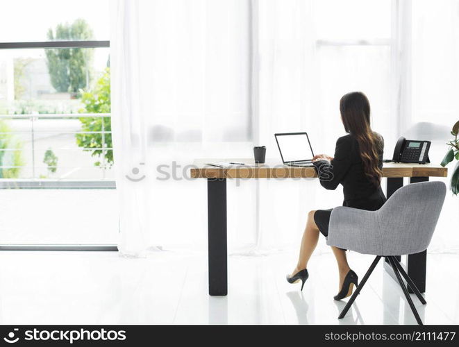 rear view businesswoman using laptop modern office interior