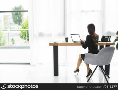 rear view businesswoman using laptop modern office interior