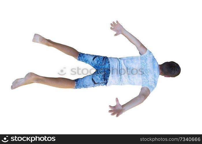Rear view full length portrait of a young man free falling down hands and legs stretched isolated over white background.