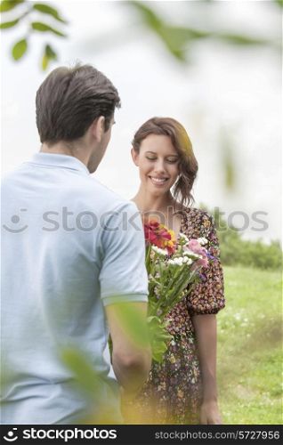 Rear view man giving flowers to woman in park