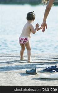 Rear view of a baby boy holding a woman&acute;s hand