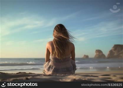Rear view of a beautiful woman sitting on the beach. Generative AI