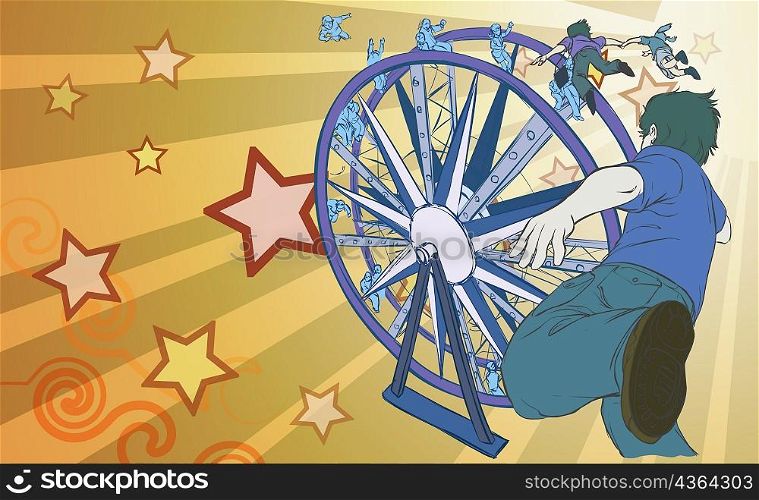 Rear view of a boy flying towards a ferris wheel