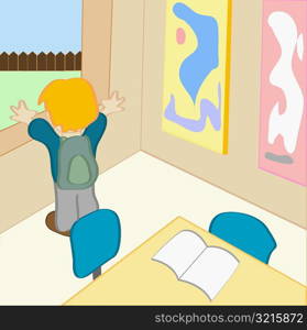 Rear view of a boy standing in a room