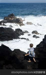 Rear view of a boy standing on a cliff, Kehena Beach, Big Island, Hawaii Islands, USA