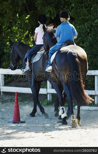 Rear view of a boy with his sister horseback riding