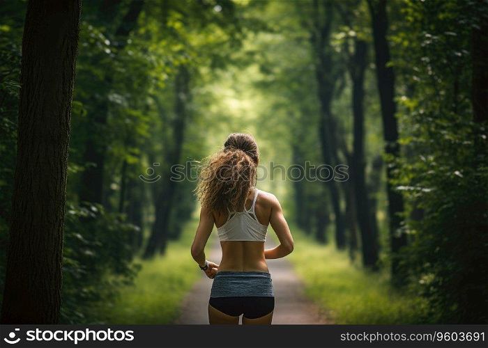 Rear view of a female runner training in nature.