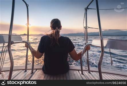 Rear view of a female sitting on the deck of a sailboat and enjoying beautiful view. Sea in mild sunset light. Peaceful yacht travel.. Nice female enjoying water cruise