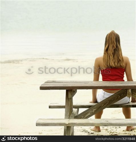 Rear view of a girl sitting on a bench at the beach