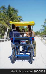 Rear view of a girl with her parents on a buggy