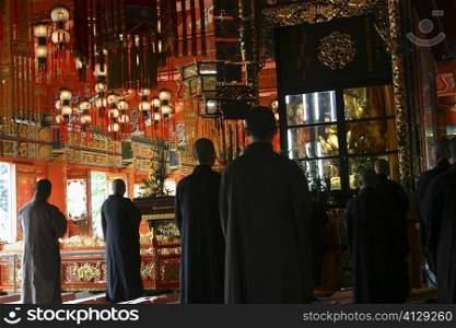 Rear view of a group of people praying in a monastery, Po Lin Monastery, Ngong Ping, Lantau, Hong Kong, China