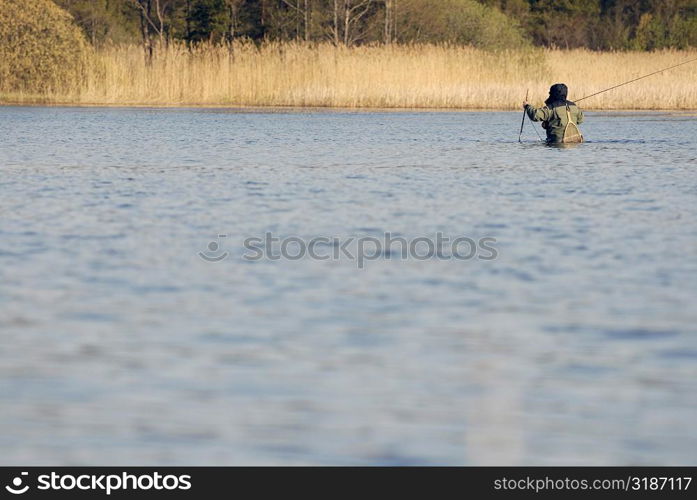 Rear view of a man fishing in the river