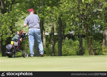 Rear view of a man pulling a golf bag on a trolley
