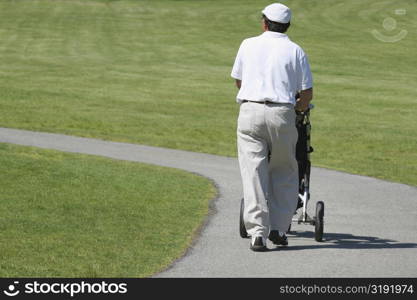 Rear view of a man pushing a golf trolley