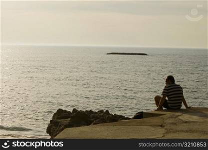 Rear view of a man sitting on the oceanside, Biarritz, France
