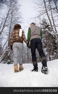 Rear view of a mature couple walking through snow