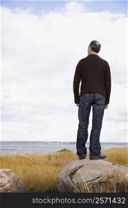 Rear view of a mature man standing on a rock