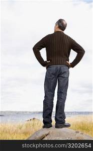 Rear view of a mature man standing on a rock with arms akimbo