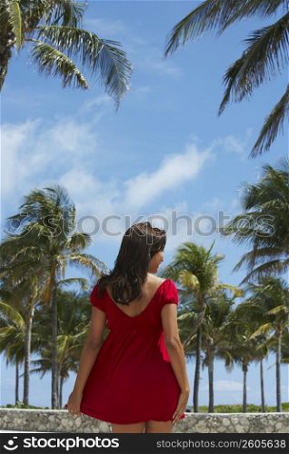 Rear view of a mature woman walking on the beach, South Beach, Miami Beach, Florida, USA