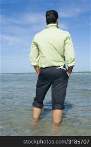 Rear view of a mid adult man with his hands in his pockets and standing on the beach