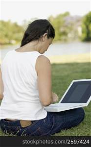 Rear view of a mid adult woman sitting in a park and using a laptop