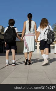 Rear view of a mid adult woman with her two children walking with holding hands