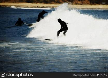 Rear view of a person surfing