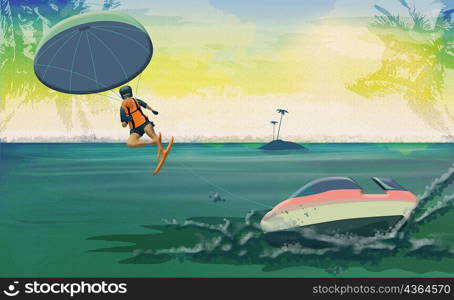 Rear view of a person waterskiing with a parachute