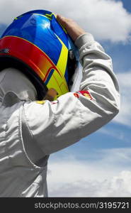 Rear view of a racecar driver