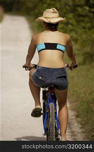 Rear view of a teenage girl riding a bicycle