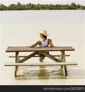 Rear view of a teenage girl sitting on a bench at a lakeside