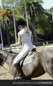 Rear view of a woman horseback riding