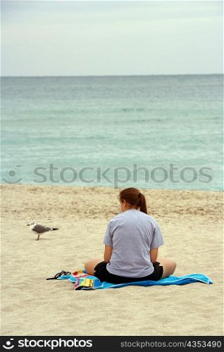 Rear view of a woman sitting on the beach