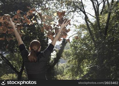 Rear view of a woman throwing leaves in air