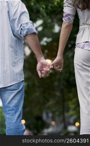 Rear view of a young couple holding hands of each other