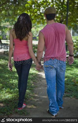 Rear view of a young couple holding hands of each other and walking in a park