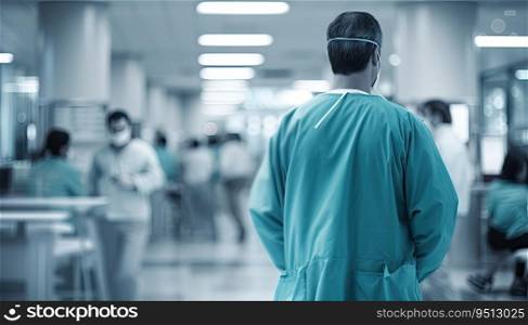 Rear view of a young male surgeon standing in a hospital corridor