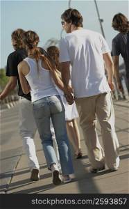 Rear view of a young man and a young woman holding hands and walking with their friends