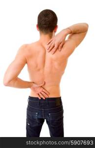 rear view of a young man holding his back in pain, isolated on white background