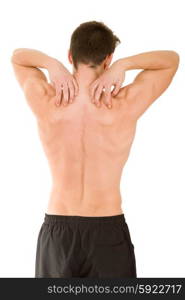 rear view of a young man holding his back in pain, isolated on white background