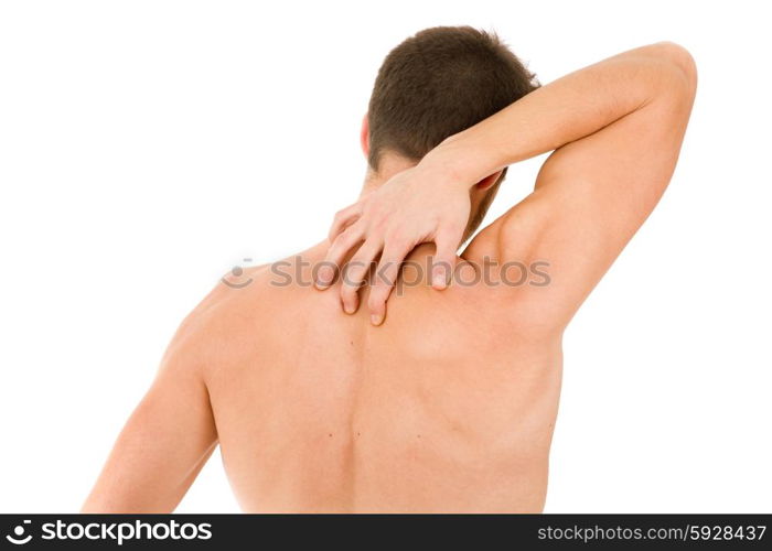 rear view of a young man holding his back in pain, isolated on white background