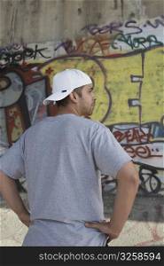 Rear view of a young man looking at a graffiti