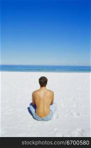 Rear view of a young man sitting on the beach