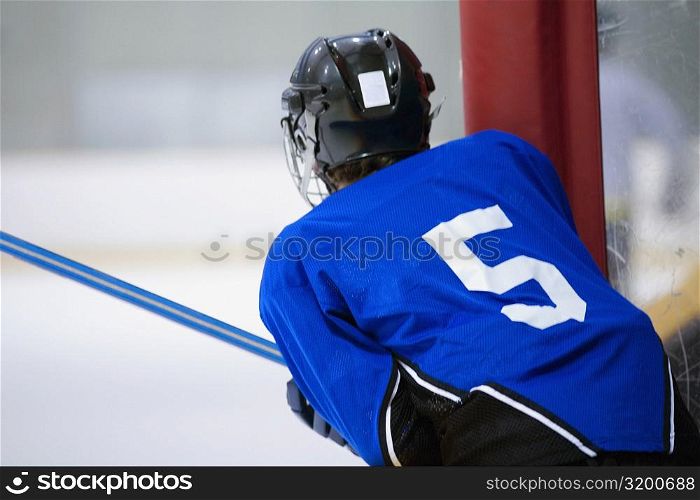 Rear view of an ice hockey player playing ice hockey
