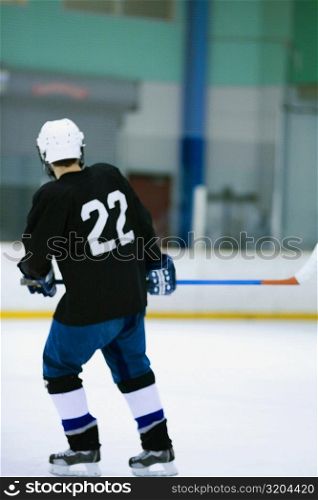 Rear view of an ice hockey player playing ice hockey