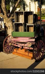 Rear view of an old cart with wooden boxes, San Diego, California, USA