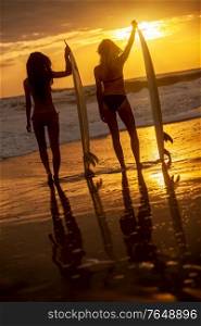 Rear view of beautiful sexy young women surfer girls in bikinis with surfboards on a beach at sunset or sunrise